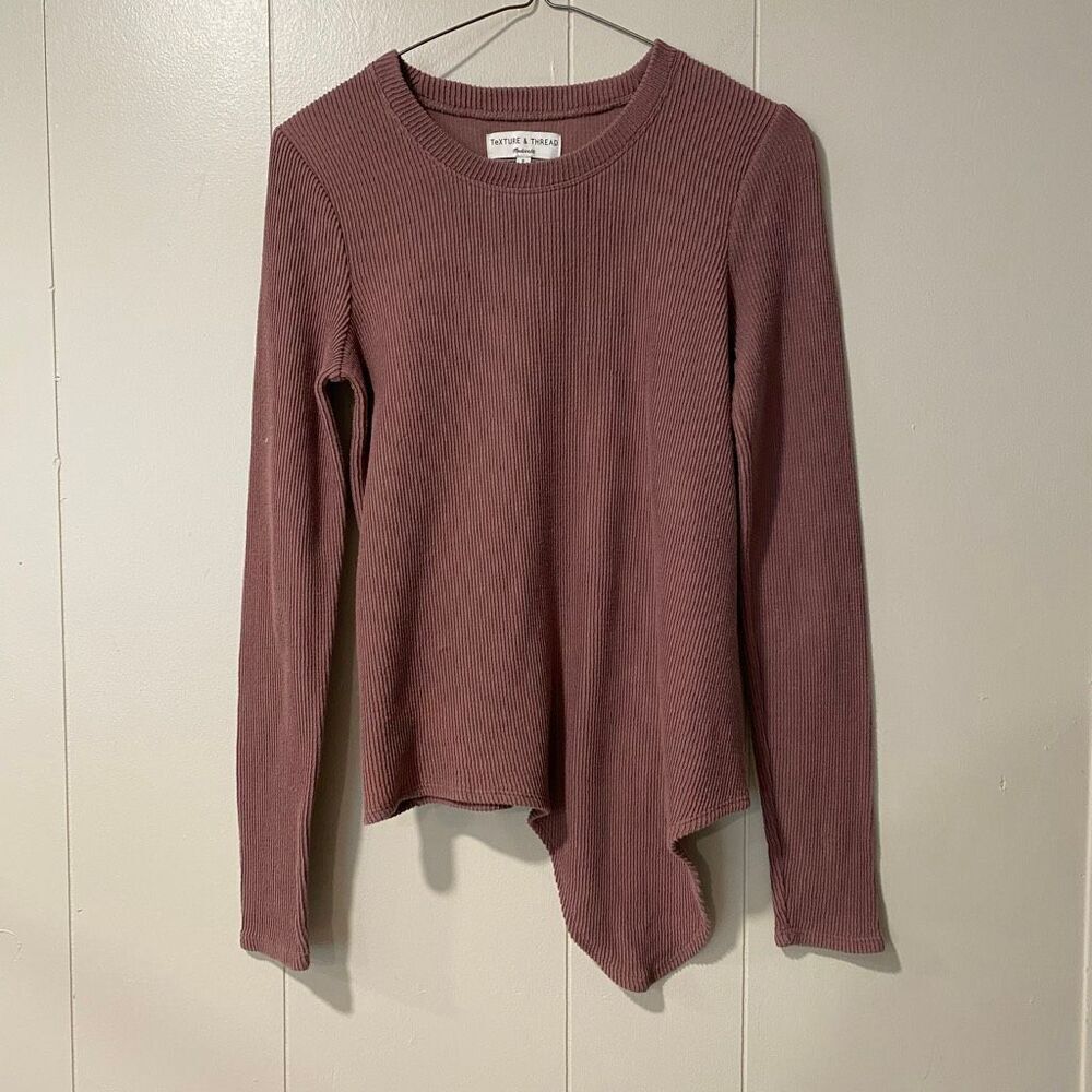 Texture & Thread Madewell Ribbed Long Sleeve Top Size Small Asymmetrical Hem Mau